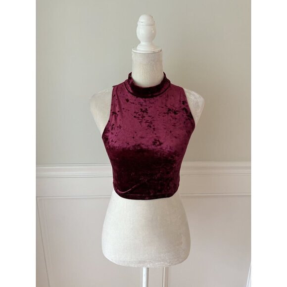 Forever 21 Velvet Burgundy High Neck Crop Top Small - Picture 1 of 4